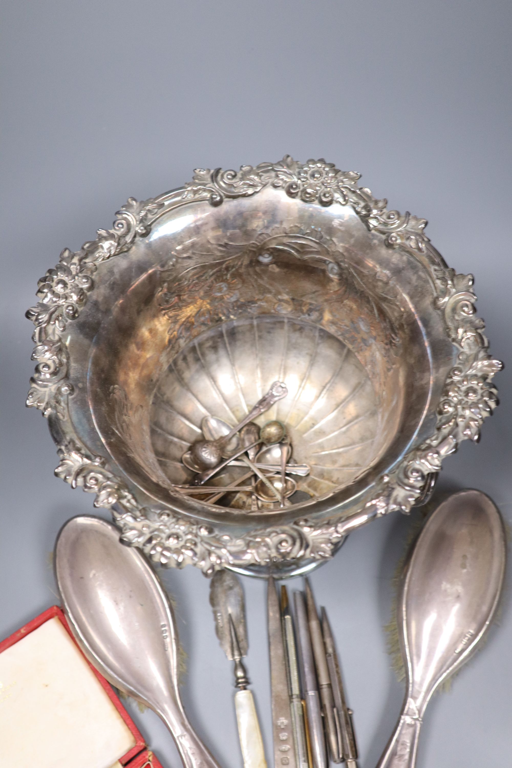 Mixed silver and plate including minor silver and plated flatware, two silver brushes, plated wine cooler etc.